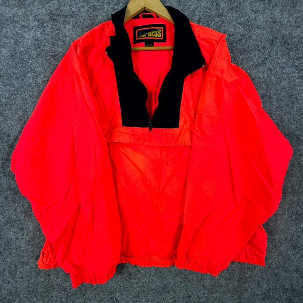 Vintage Express Windbreaker Jacket Mens Large Neon Orange Nylon Quarter Zip
